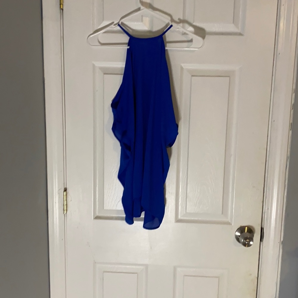 Royal blue blouse, open shoulder, day to night